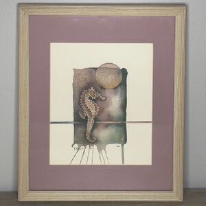 Vtg Paul Brent Seahorse Watercolor Print Signed Double Matted Wood Frame Florida
